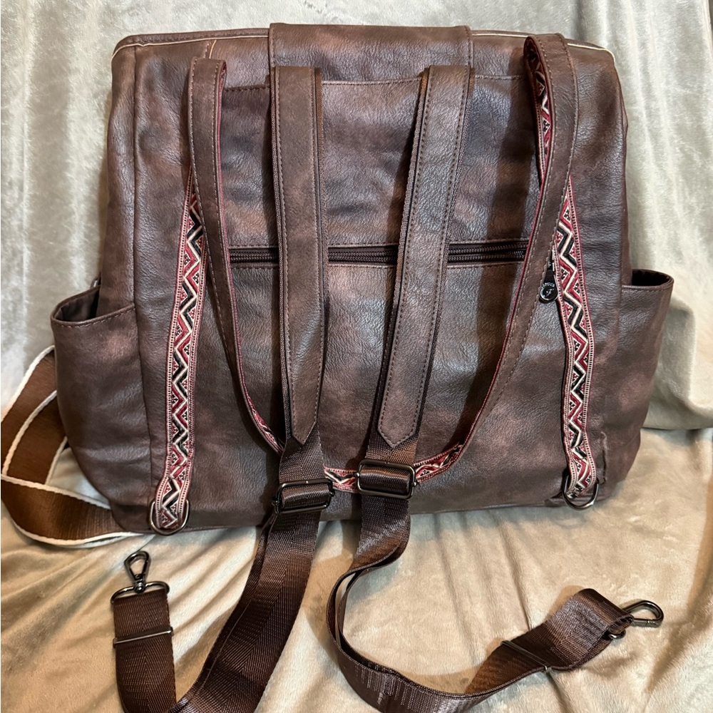 Brown Leather Backpack With Patterned Straps - image 2